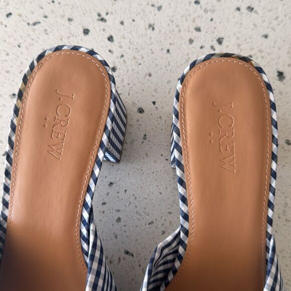 J. Crew Navy Gingham Knot Sandals Printed Mid Block Heel Women’s Size 10 EUC - Picture 13 of 14